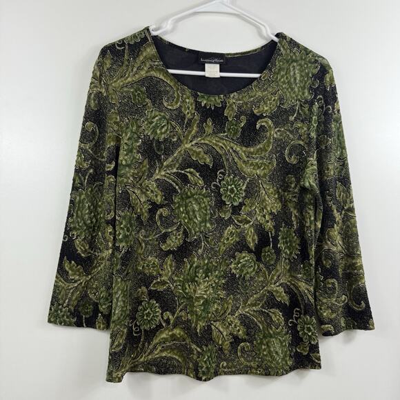 Vintage 90s Y2K Black Green Floral Top Large Metallic Textured Pullover Retro - Picture 13 of 13